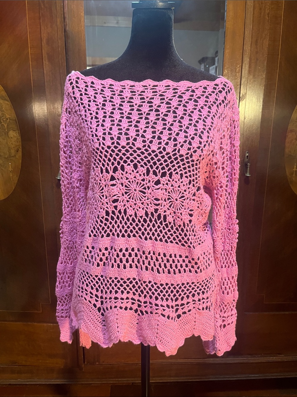 Vintage size Junior BoHo crochet pink top long sleeve 3229 SWTR